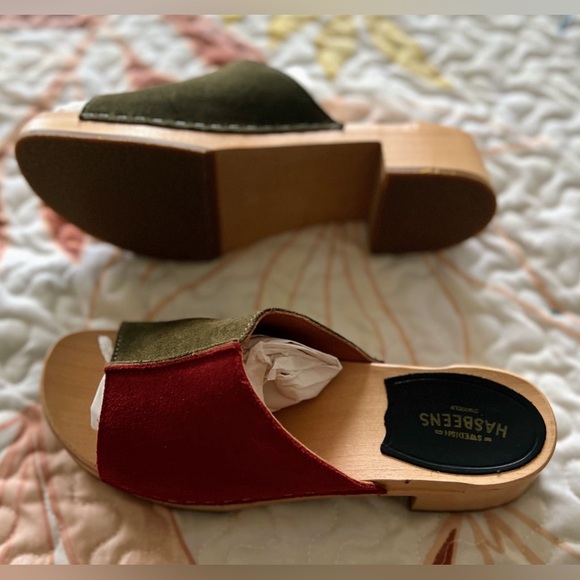 Swedish Hasbeens Rost/Olive combo suede clogs - Picture 6 of 6